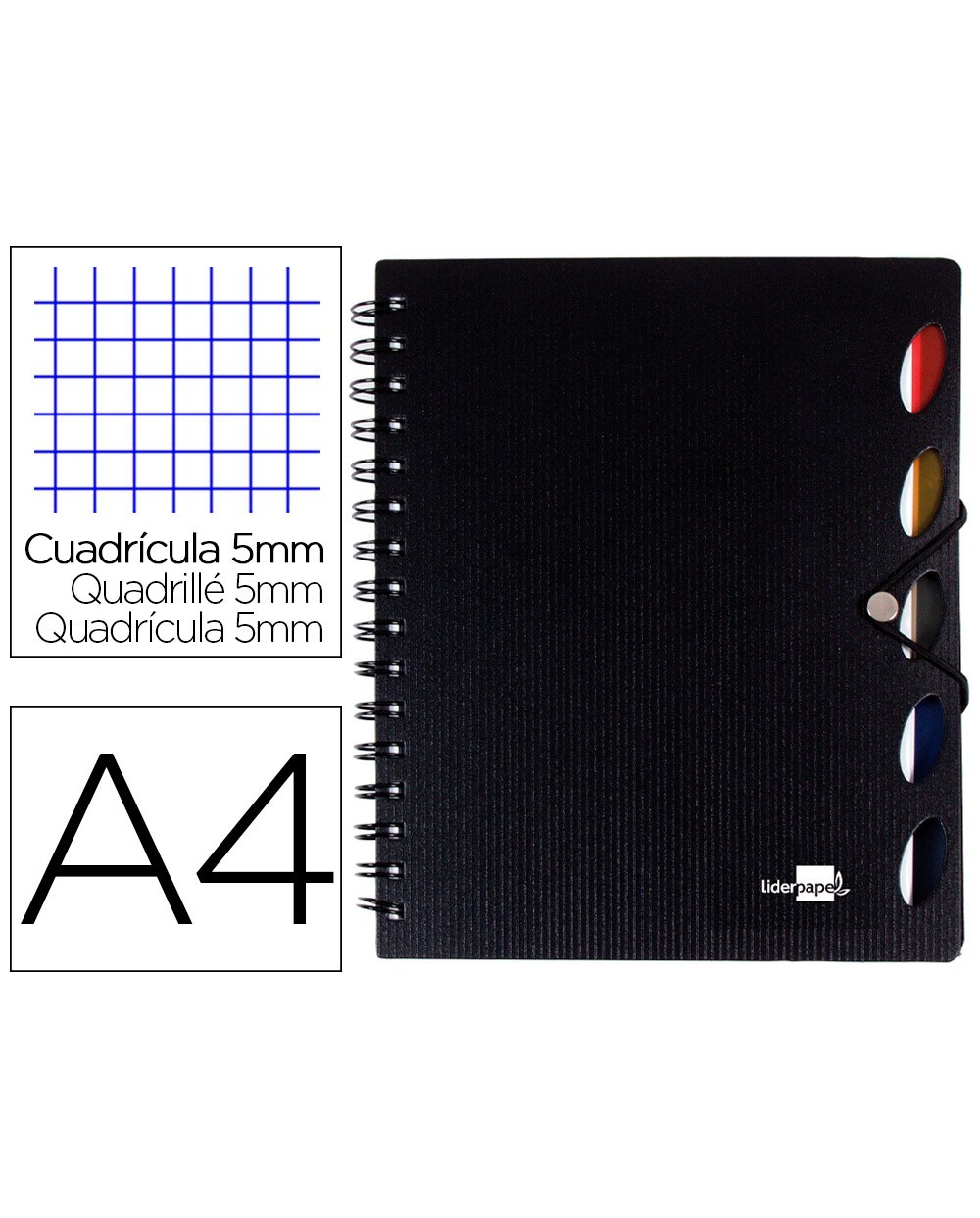 Cuaderno espiral liderpapel a4 micro executive tapa plastico 100h 80 gr cuadro 5mm 5 separadores con gomilla negro