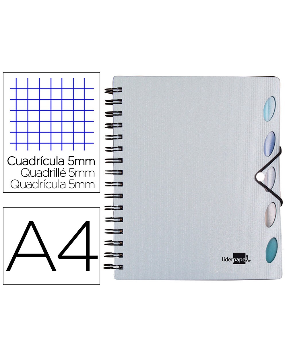 Cuaderno espiral liderpapel a4 micro executive tapa plastico 100h 80 gr cuadro 5mm 5 separadores con gomilla plata
