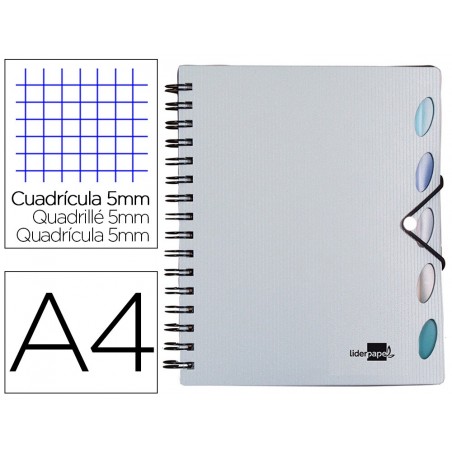 Cuaderno espiral liderpapel a4 micro executive tapa plastico 100h 80 gr cuadro 5mm 5 separadores con gomilla plata