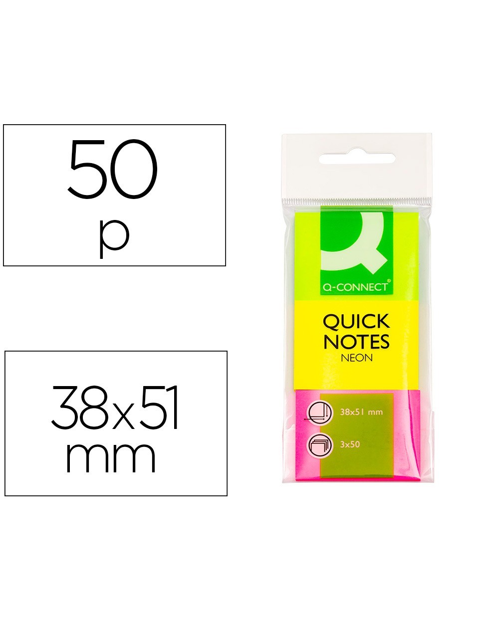 Bloc de notas adhesivas quita y pon q connect 40x50 mm neon pack de 3 unidades con 50 hojas por color