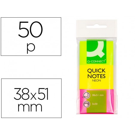 Bloc de notas adhesivas quita y pon q connect 40x50 mm neon pack de 3 unidades con 50 hojas por color