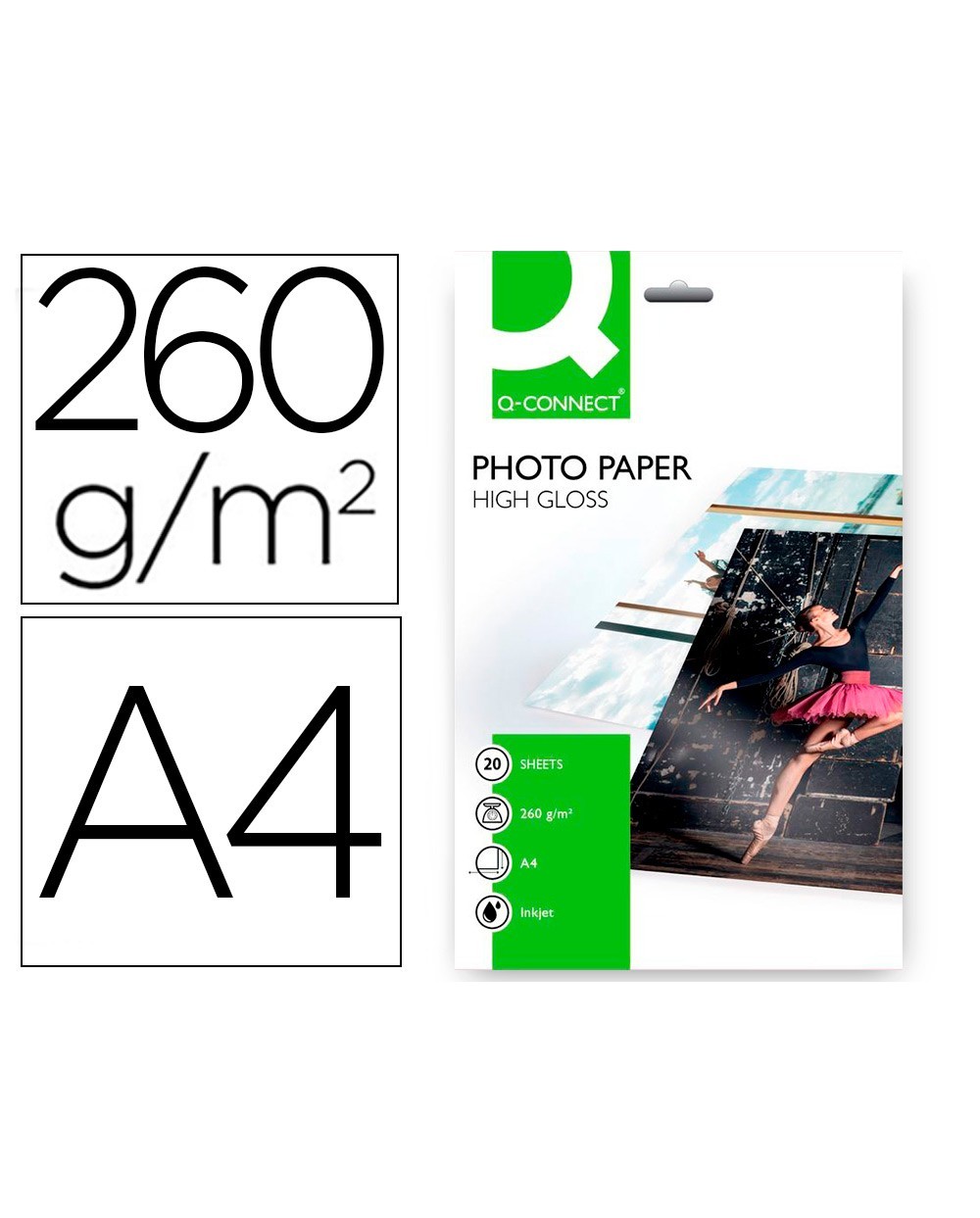 Papel q connect foto glossy kf02163 din a4 alta calidad digital photo para ink jet bolsa de 20 hojas de 260 gr