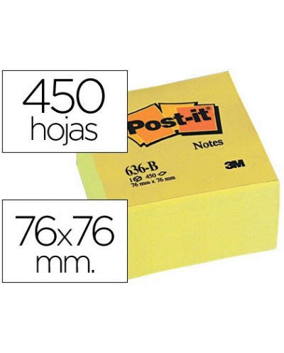 Bloc de notas adhesivas quita y pon post it 76x76x45 mm cubo colores amarillo 450 hojas