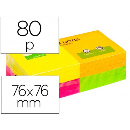 Bloc de notas adhesivas quita y pon q connect 75x75 mm con 80 hojas fluorescentes pack de 12 surtidas en 4 colores