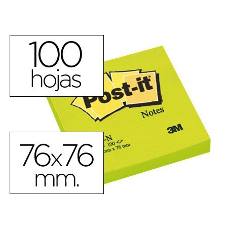 Bloc de notas adhesivas quita y pon post it 76x76 mm verde neon con 100 hojas