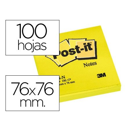 Bloc de notas adhesivas quita y pon post it 76x76 mm amarillo neon con 100 hojas