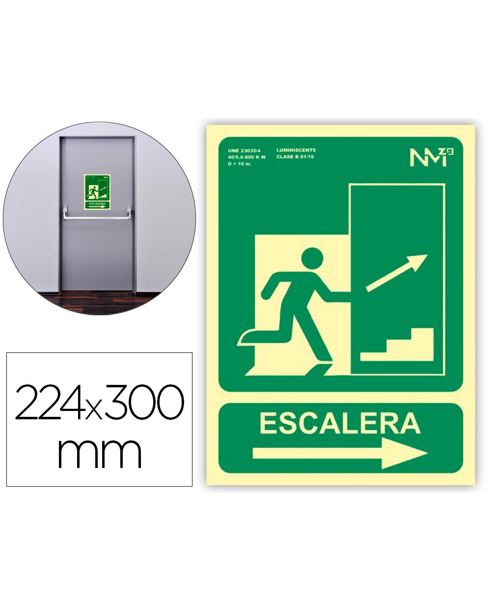 Pictograma archivo 2000 salida emergencia escalera sube derecha pvc verde luminiscente 224x300 mm