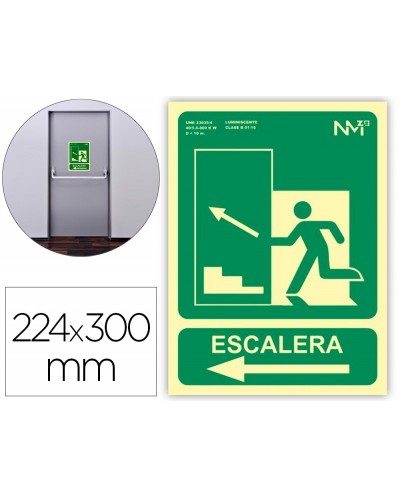 Pictograma archivo 2000 salida emergencia escalera sube izquierda pvc verde luminiscente 224x300 mm