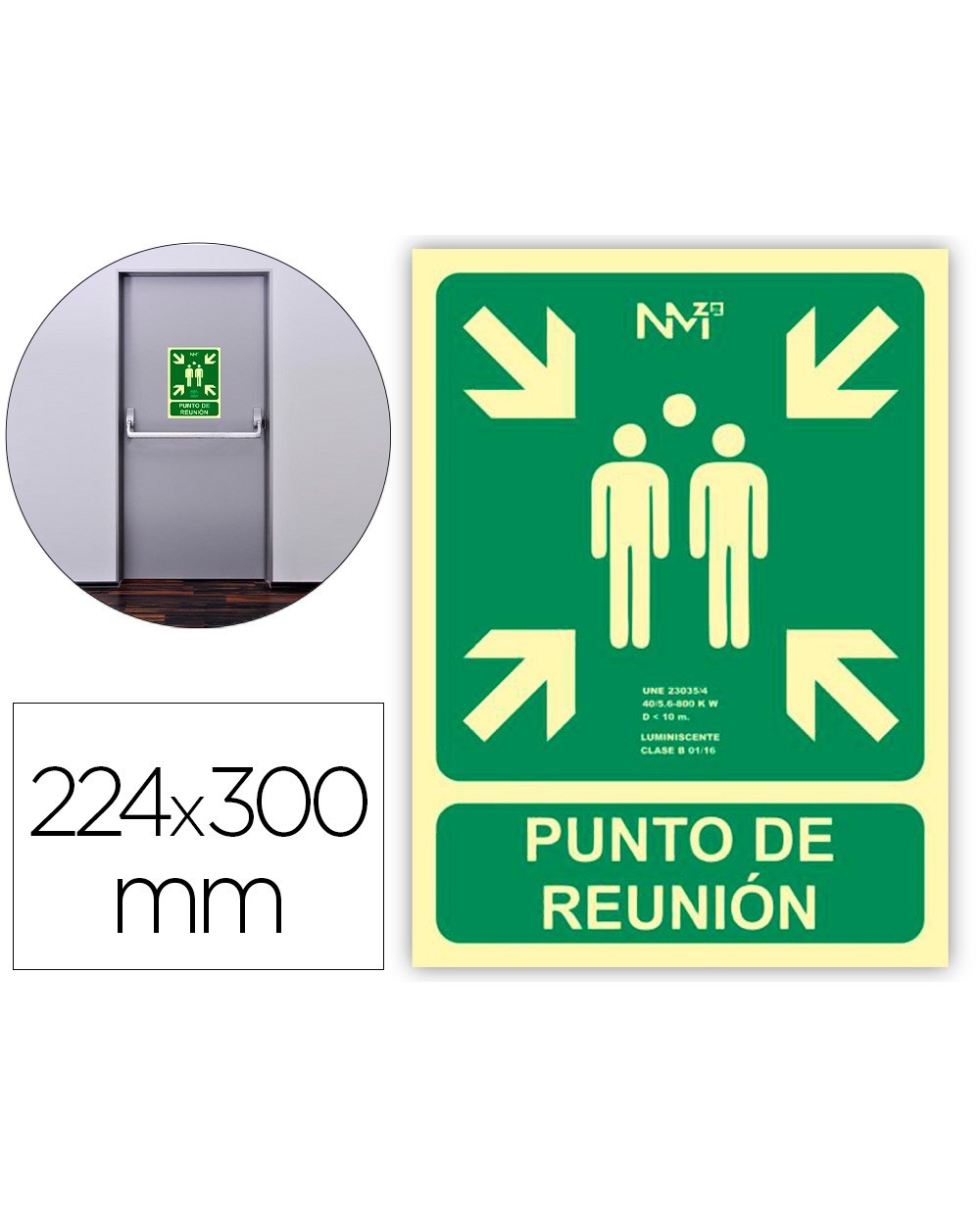 Pictograma archivo 2000 punto de reunion pvc verde luminiscente 224x300 mm pack de 2 unidades