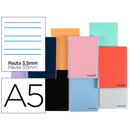Cuaderno espiral liderpapel a5 wonder tapa plastico 80h 90g pauta 35mm con margen colores surtidos