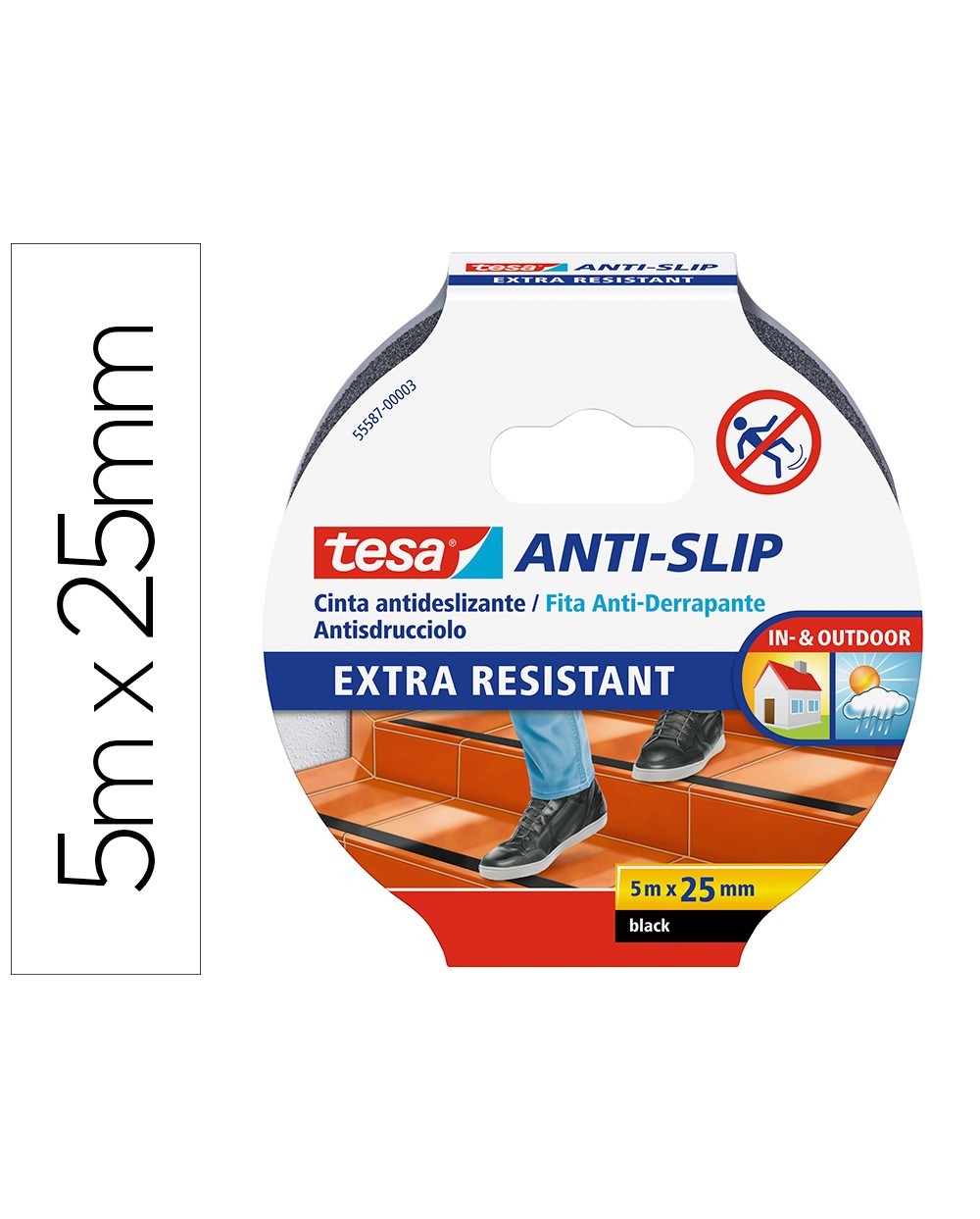 Cinta antideslizante adhesiva tesa uso interior exterior color negro 5 mt x 25 mm