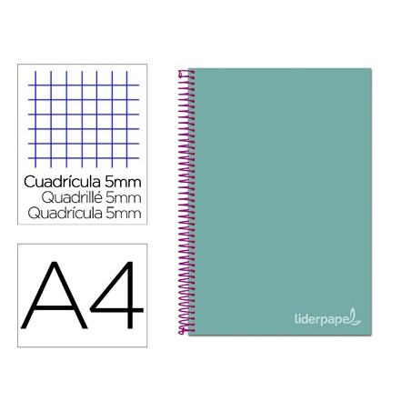 Cuaderno espiral liderpapel a4 micro jolly tapa forrada 140h 75 gr cuadro 5mm 5 bandas4 taladros color turquesa