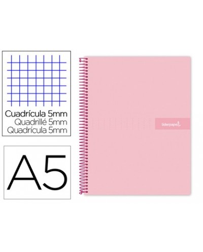 Cuaderno espiral liderpapel a5 micro crafty tapa forrada 120h 90 gr cuadro 5mm 5 bandas6 taladros color rosa