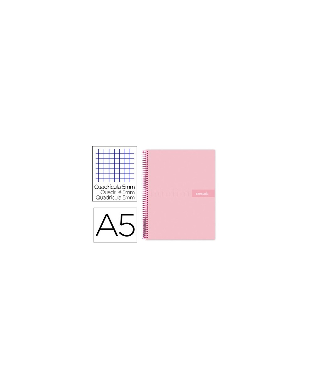 Cuaderno espiral liderpapel a5 micro crafty tapa forrada 120h 90 gr cuadro 5mm 5 bandas6 taladros color rosa