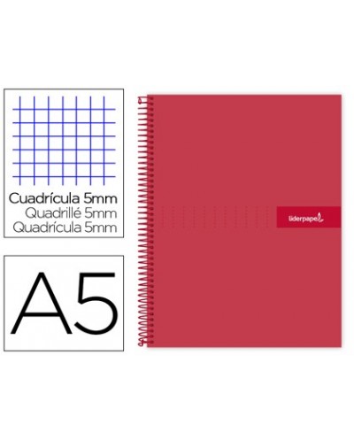 Cuaderno espiral liderpapel a5 micro crafty tapa forrada 120h 90 gr cuadro 5mm 5 bandas6 taladros color rojo