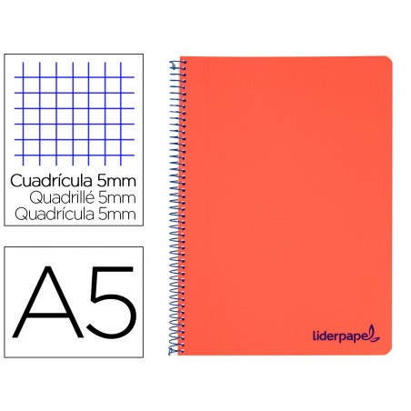 Cuaderno espiral liderpapel a5 micro wonder tapa plastico 120h 90g cuadro 5mm 5 bandas 6 taladros color rojo