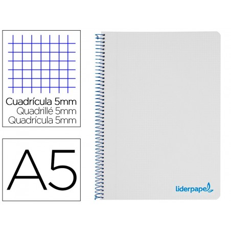 Cuaderno espiral liderpapel a5 micro wonder tapa plastico 120h 90g cuadro 5mm 5 bandas 6 taladros color gris