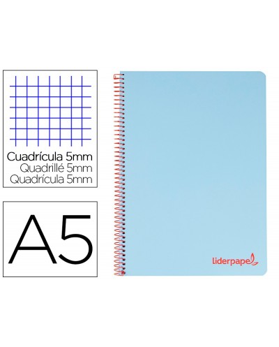 Cuaderno espiral liderpapel a5 micro wonder tapa plastico 120h 90g cuadro 5mm 5 bandas 6 taladros color celeste