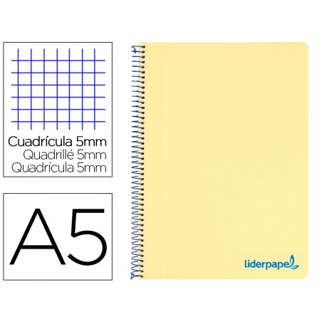 Cuaderno espiral liderpapel a5 micro wonder tapa plastico 120h 90g cuadro 5mm 5 bandas 6 taladros color amarillo
