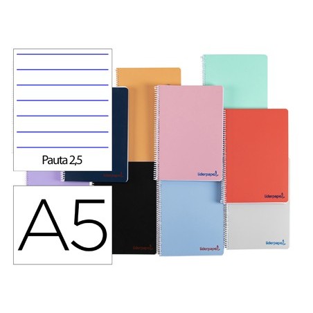 Cuaderno espiral liderpapel a5 wonder tapa plastico 80h 90g pauta estrecha 25mm con margen colores surtidos