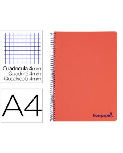 Cuaderno espiral liderpapel a4 wonder tapa plastico 80h 90gr cuadro 4mm con margen color rojo