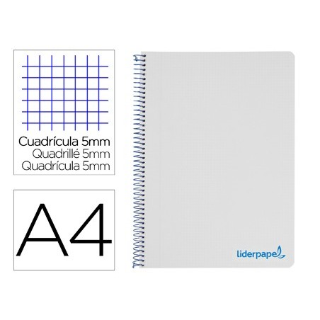 Cuaderno espiral liderpapel a4 micro wonder tapa plastico 120h 90 gr cuadro 5 mm 5 bandas 4 taladros color gris