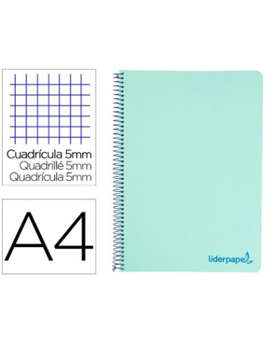 Cuaderno espiral liderpapel a4 micro wonder tapa plastico 120h 90 gr cuadro 5 mm 5 bandas 4 taladros color verde