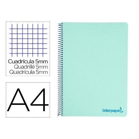 Cuaderno espiral liderpapel a4 micro wonder tapa plastico 120h 90 gr cuadro 5 mm 5 bandas 4 taladros color verde