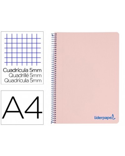 Cuaderno espiral liderpapel a4 micro wonder tapa plastico 120h 90 gr cuadro 5 mm 5 bandas 4 taladros color rosa