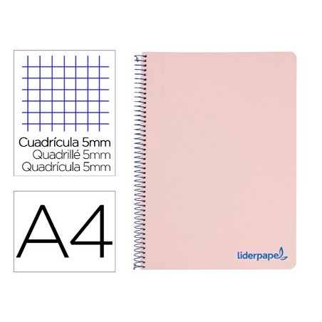 Cuaderno espiral liderpapel a4 micro wonder tapa plastico 120h 90 gr cuadro 5 mm 5 bandas 4 taladros color rosa