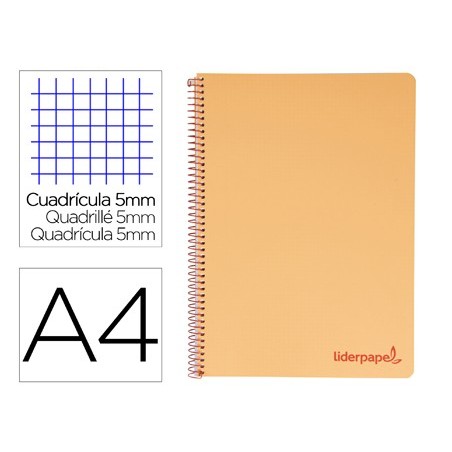 Cuaderno espiral liderpapel a4 micro wonder tapa plastico 120h 90 gr cuadro 5 mm 5 banda4 taladros color naranja