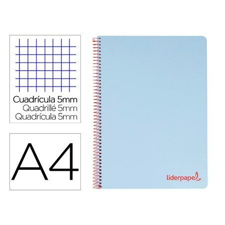 Cuaderno espiral liderpapel a4 micro wonder tapa plastico 120h 90 gr cuadro 5 mm 5 banda4 taladros color celeste