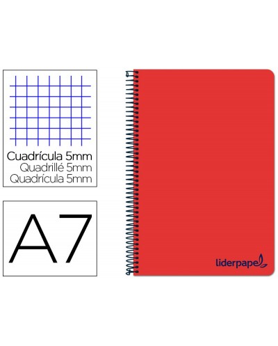 Cuaderno espiral liderpapel a7 micro wonder tapa plastico 100h 90 gr cuadro 5mm 4 bandas color rojo