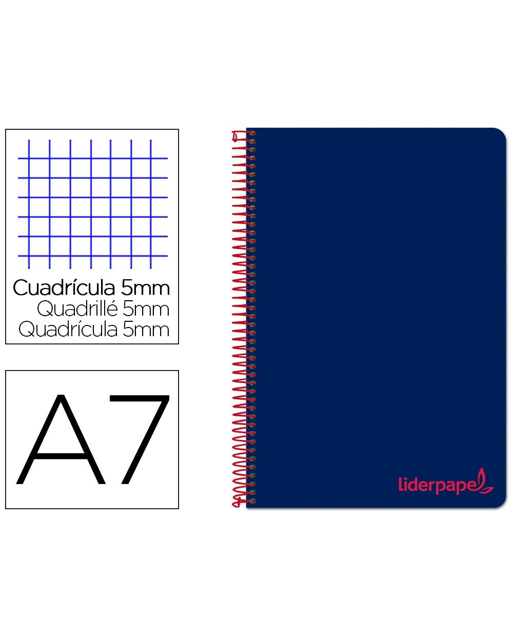 Cuaderno espiral liderpapel a7 micro wonder tapa plastico 100h 90 gr cuadro 5mm 4 bandas color azul marino