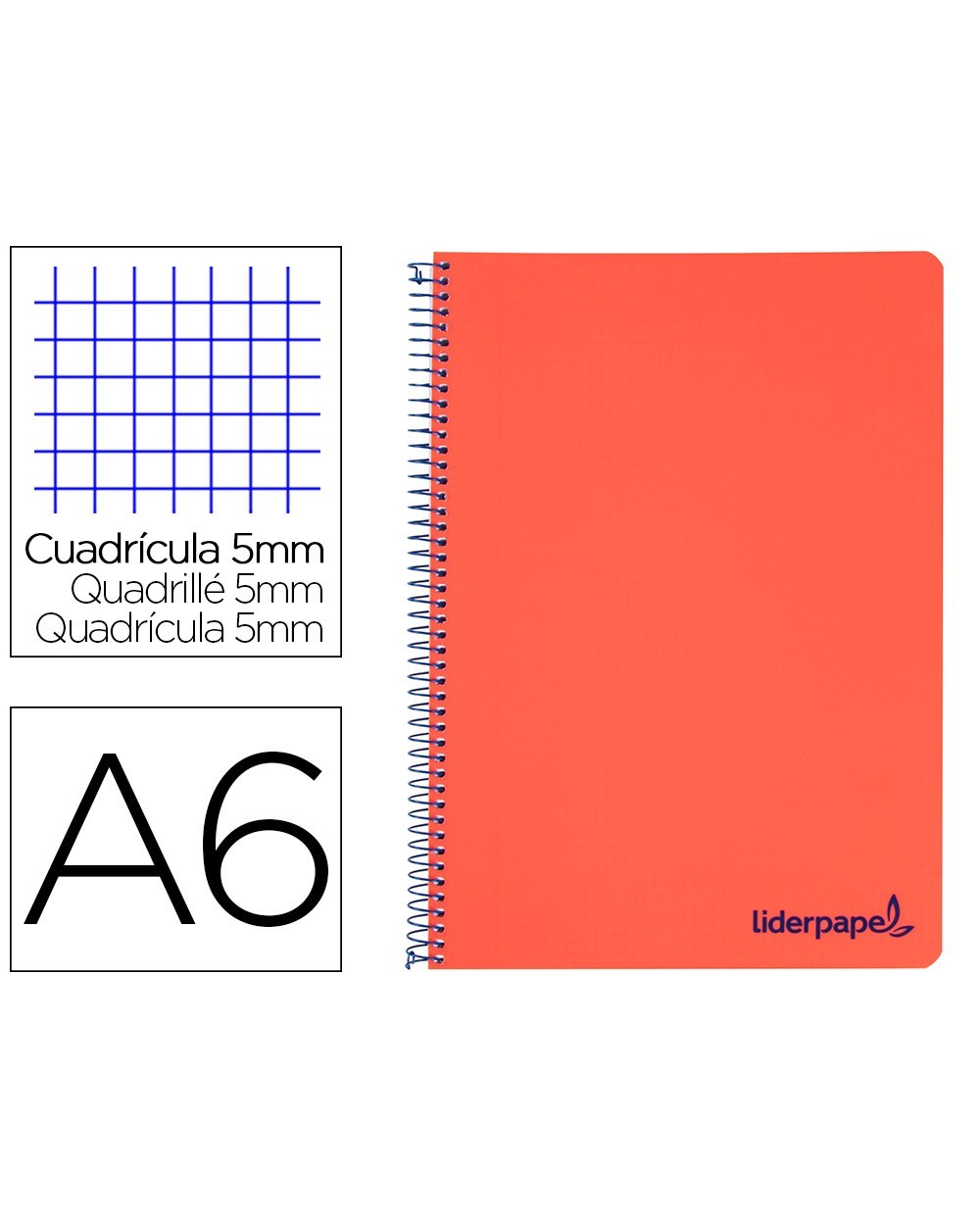 Cuaderno espiral liderpapel a6 micro wonder tapa plastico 120h 90 gr cuadro 5mm 4 bandas color rojo