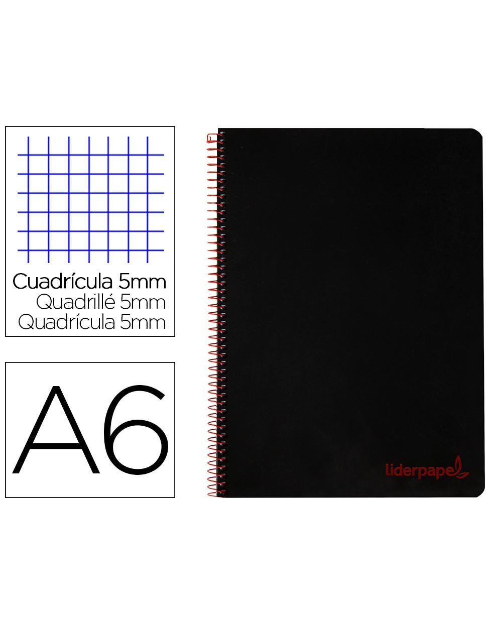 Cuaderno espiral liderpapel a6 micro wonder tapa plastico 120h 90 gr cuadro 5mm 4 bandas color negro