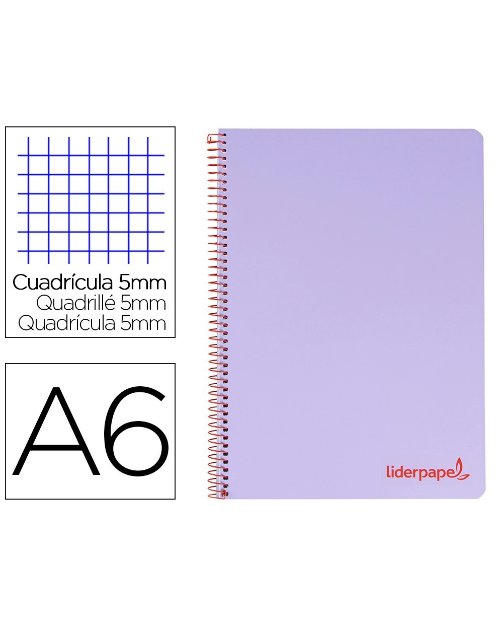 Cuaderno espiral liderpapel a6 micro wonder tapa plastico 120h 90 gr cuadro 5mm 4 bandas color violeta