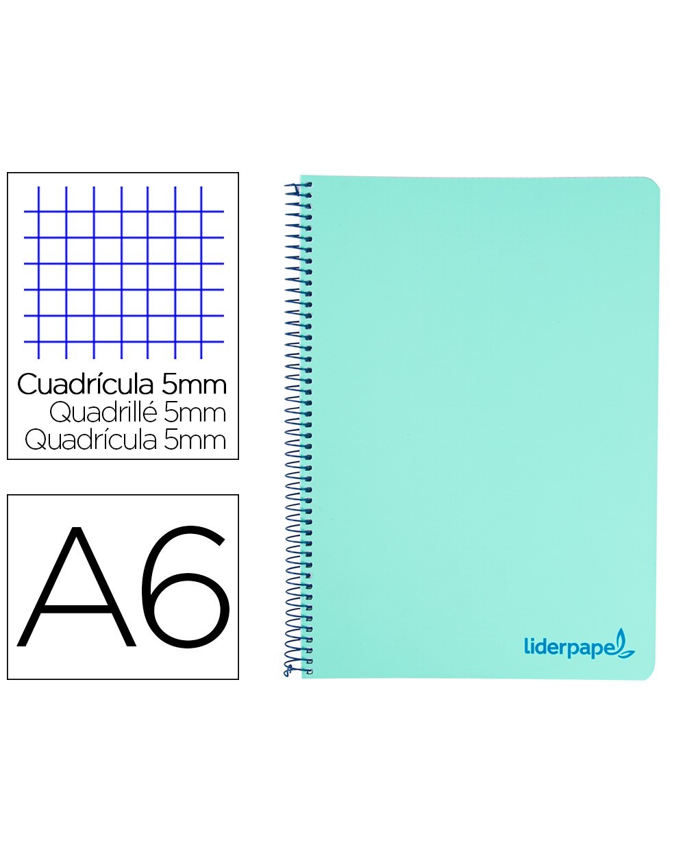 Cuaderno espiral liderpapel a6 micro wonder tapa plastico 120h 90 gr cuadro 5mm 4 bandas color verde