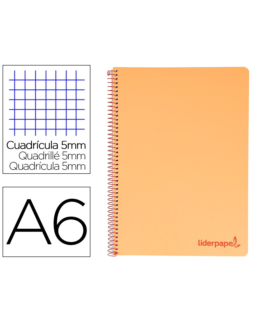 Cuaderno espiral liderpapel a6 micro wonder tapa plastico 120h 90 gr cuadro 5mm 4 bandas color naranja