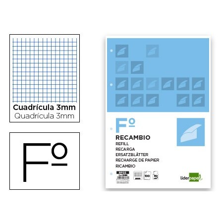 Recambio liderpapel folio 100 h 4tf 06 cuadro 3 mm 4 taladros con margen