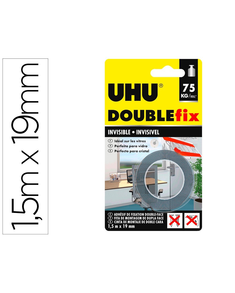 Cinta adhesiva uhu doublefix invisible doble cara extra fuerte 15 m x 19 mm