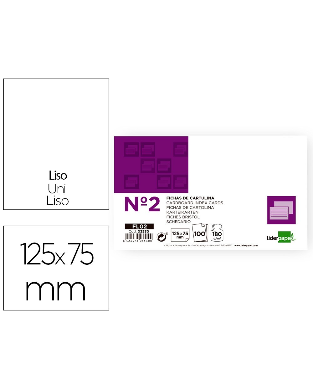 Ficha liderpapel lisa nº2 75 x 125mm paquete de 100 180g