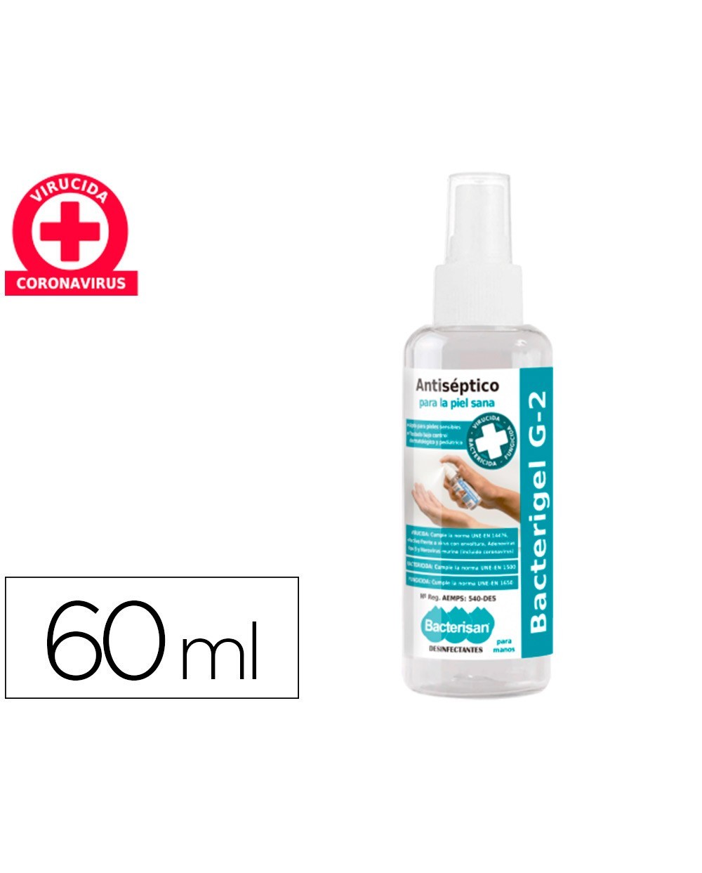 Gel hidroalcoholico antiseptico bacterigel g2 para manos limpia desinfecta sin aclarado spray de 60 ml