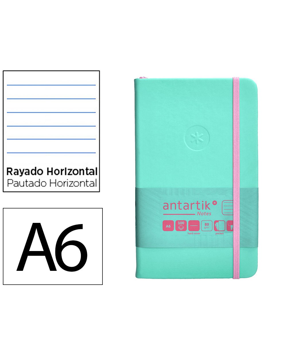 Cuaderno con gomilla antartik notes tapa dura a6 hojas rayas rosa y turquesa 100 hojas 80 gr fsc