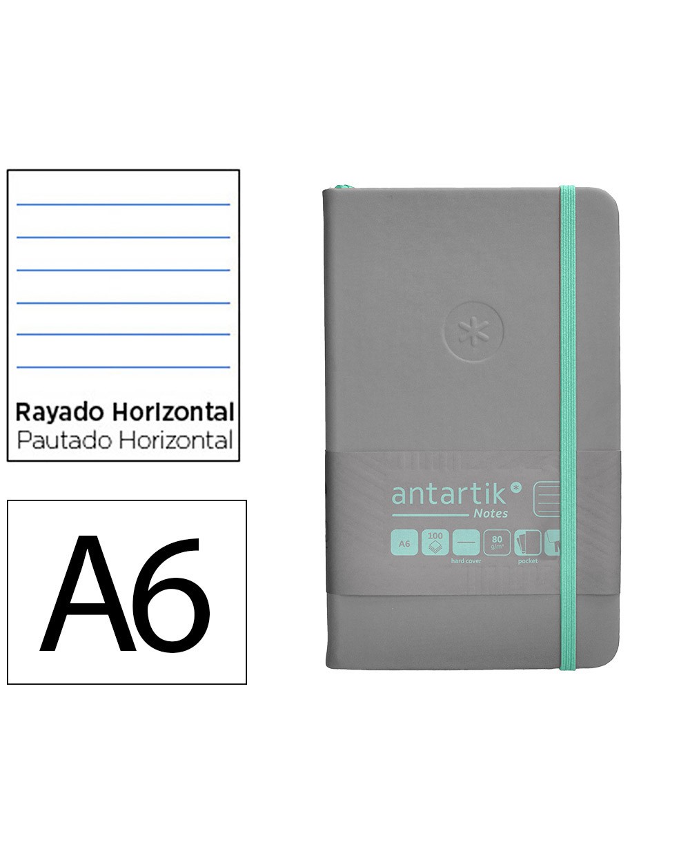 Cuaderno con gomilla antartik notes tapa dura a6 hojas rayas gris y turquesa 100 hojas 80 gr fsc