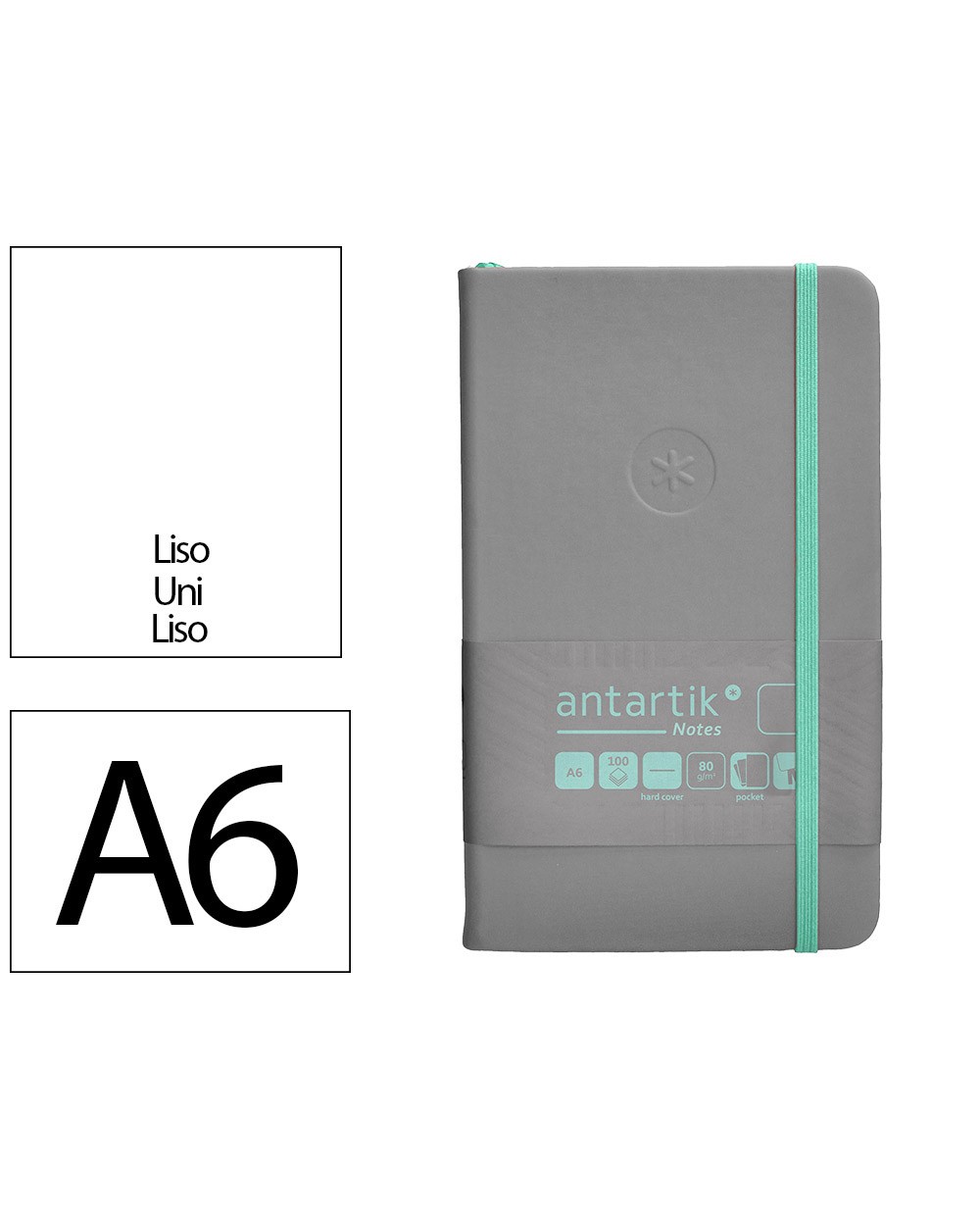 Cuaderno con gomilla antartik notes tapa dura a6 hojas lisas gris y turquesa 100 hojas 80 gr fsc