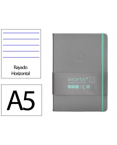 Cuaderno con gomilla antartik notes tapa dura a5 hojas rayas gris y turquesa 100 hojas 80 gr fsc