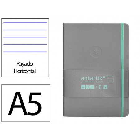 Cuaderno con gomilla antartik notes tapa dura a5 hojas rayas gris y turquesa 100 hojas 80 gr fsc