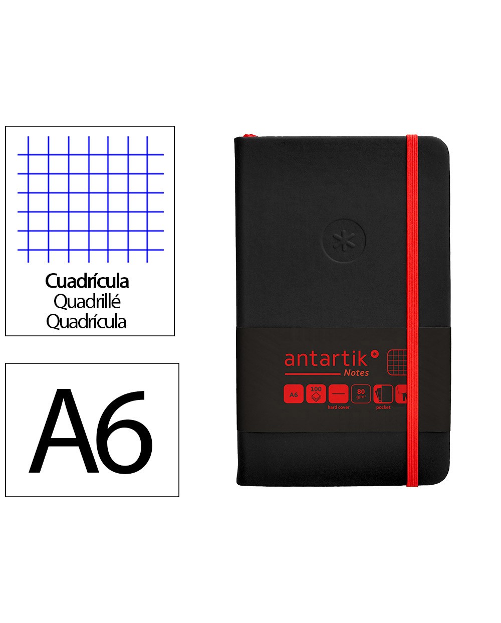 Cuaderno con gomilla antartik notes tapa dura a6 hojas cuadricula negro y rojo 100 hojas 80 gr fsc