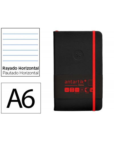 Cuaderno con gomilla antartik notes tapa dura a6 hojas rayas negro y rojo 100 hojas 80 gr fsc